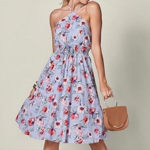 Retro Blue Striped Floral Print Fit & Flare Venus Sundress - Small